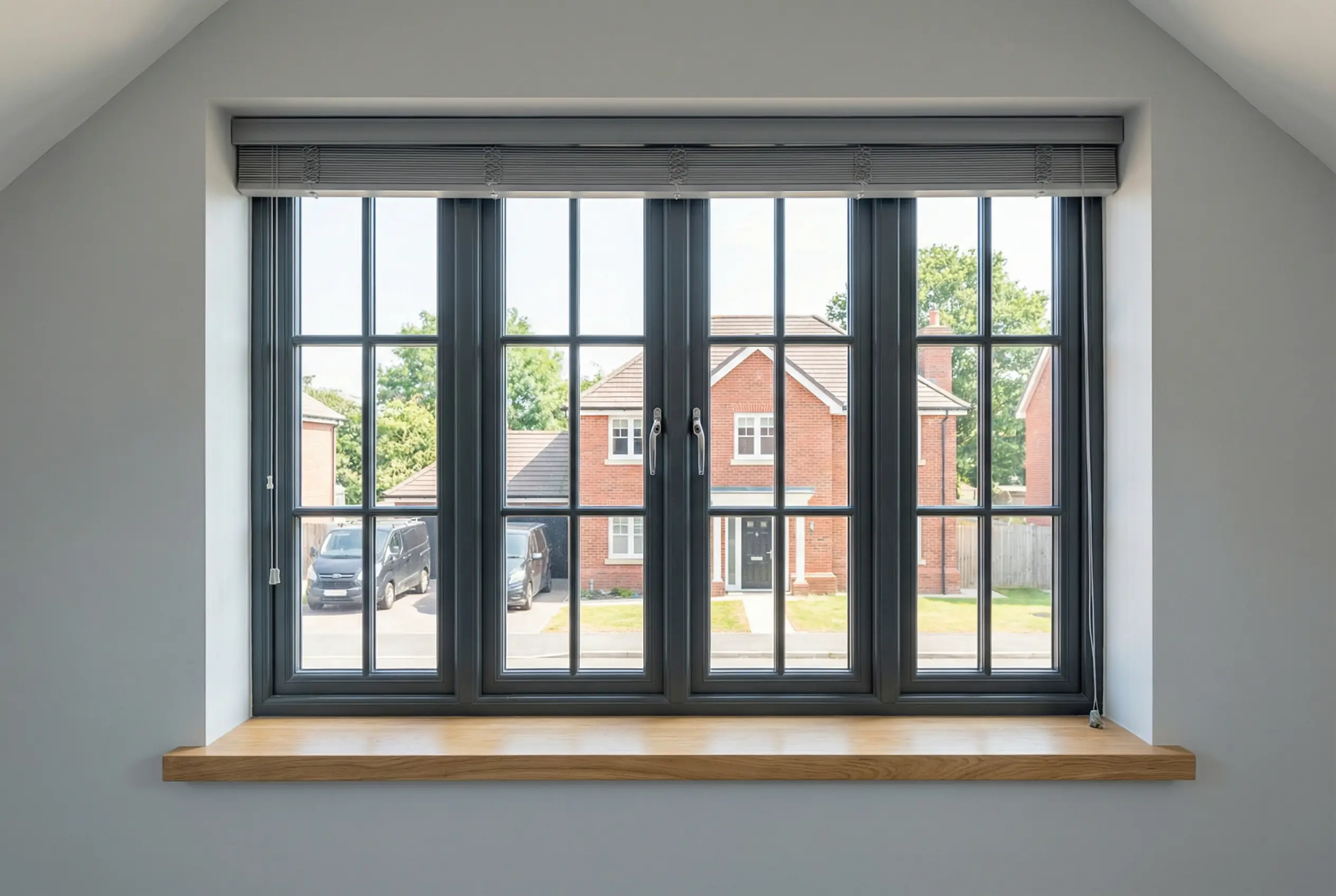 Aluminium system window with slim dark frames