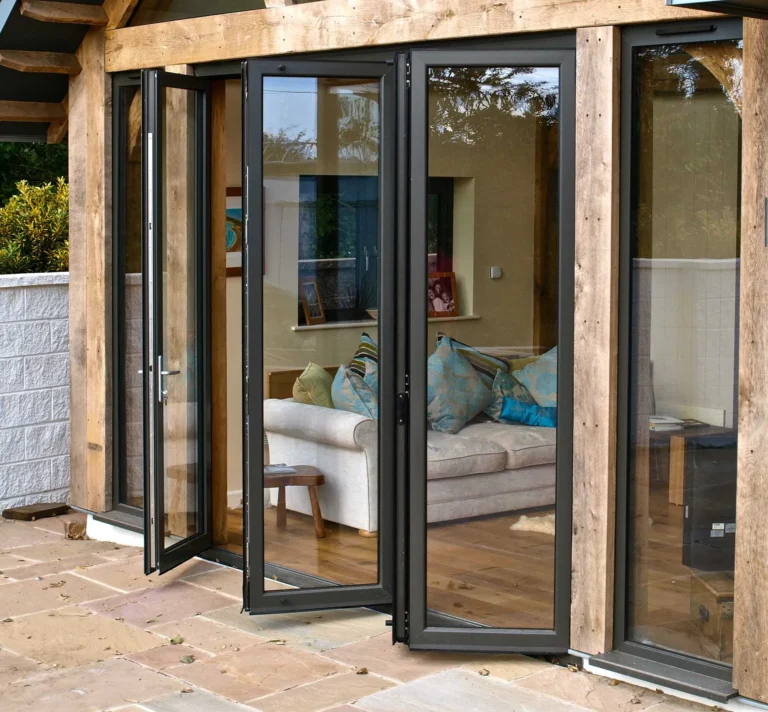 Aluminium sliding folding door onto a patio